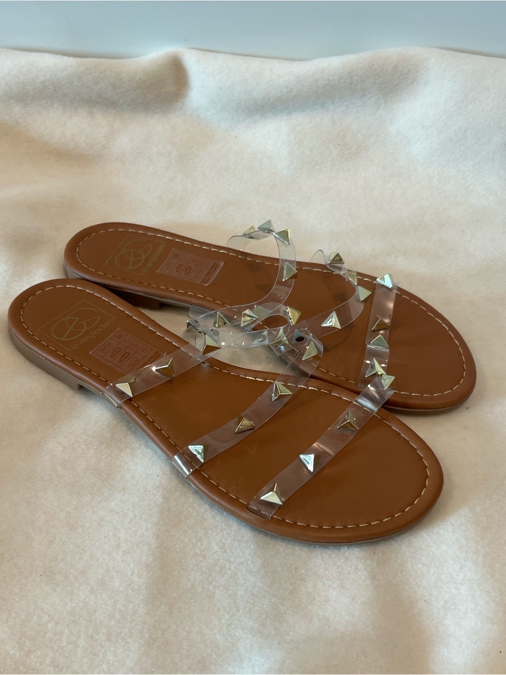 Everglades Women’s Gold Studded Clear Strap Slide Sandals Size 9